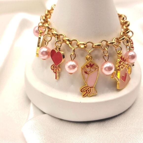 New PINK PEARL heart rose bird boho charm bracelet - Picture 7 of 11